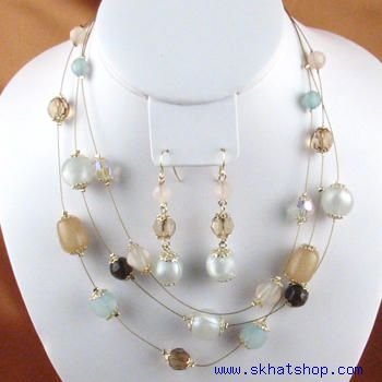 NEW MULTI STRAND MINT GREEN WIRE NECKLACE CRYSTAL EARRING SET