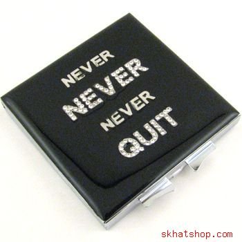 "NEVER NEVER NEVER QUIT", ELEGANT, BLACK, VANITY / COMPACT MIRROR with SWAROVSKI CRYSTALS
