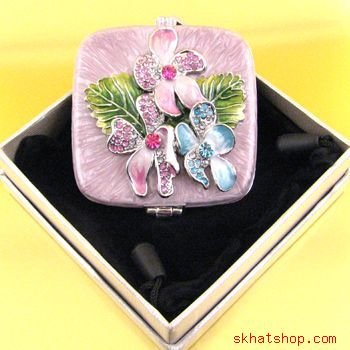 PINK, SQUARE, VANITY MIRRORED COMPACT, FLOWERS AND SWAROVSKI CRYSTALS