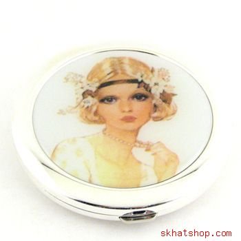 ELEGANT SILVER TONE VANITY COMPACT MIRROR with FLAPPER GIRL - no. 3