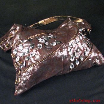 DISTRESSED LOOK, BROWN, SILVER & CRYSTALS - DESIGNER SHOULDER BAG PURSE