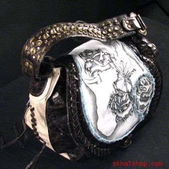 WHITE DENIM ROSE PRINT PURSE, HAND BAG w CRYSTALS, BRASS STUDS