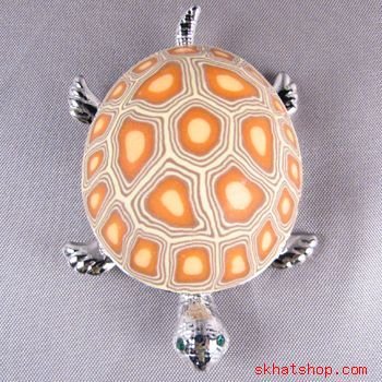 ORANGE SEA TURTLE PAINTED TORTOISE PIN BROOCH w/ CRYSTALS
