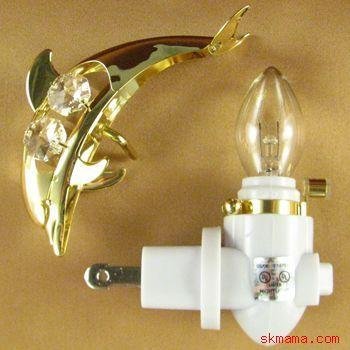 DOLPHIN PORPOISE NIGHT LIGHT 24k GOLD PLATED w CRYSTALS
