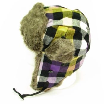 Faux Fur Buffalo Plaid Trooper Trapper Ski Hat Purple
