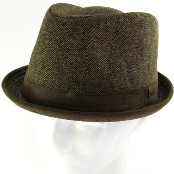 NEW HERRINGBONE UPTURN BRIM FEDORA TRILBY HAT BROWN M
