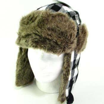 BUFFALO PLAID FAUX FUR PILOT TRAPPER TROOPER HAT BLACK