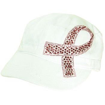 Cancer Pink Crystal Ribbon Frayed Cadet Hat Cap White