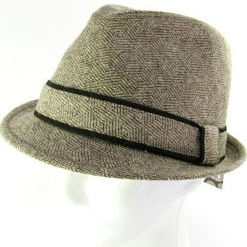WOOL CHK HERRINGBONE STINGY FEDORA TRILBY HAT BROWN LXL