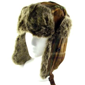NWT PLAID FAUX FUR PILOT TRAPPER TROOPER HAT BROWN CAP
