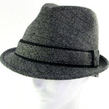 WOOL CHK HERRINGBONE STINGY FEDORA TRILBY HAT BLACK LXL
