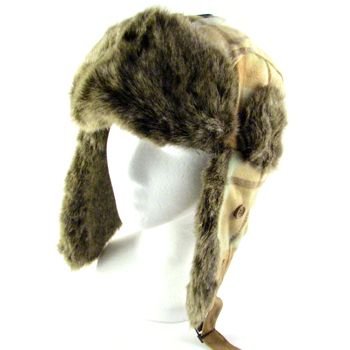 NWT PLAID FAUX FUR PILOT TRAPPER TROOPER HAT BEIGE CAP