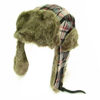Soft Faux Fur Plaid Winter Trapper Pilot Ski Hat Black