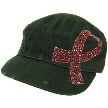 Cancer Pink Crystal Ribbon Frayed Cadet Hat Cap Black
