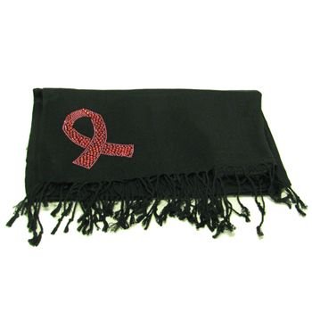 100% Pashmina Cancer Ribbon Crystal Wrap Shawl Black