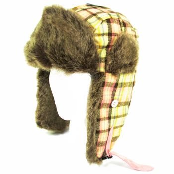 FAUX FUR PLAID TRAPPER TROOPER PILOT HAT *YELLOW M/L