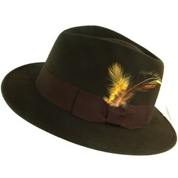100% WOOL FELT FEDORA FEATHER GODFATHER HAT BROWN M