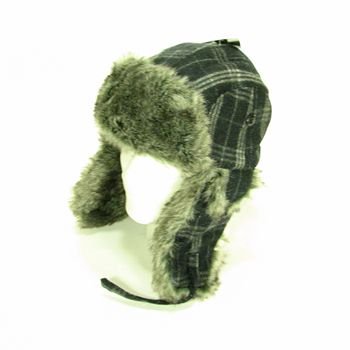 New Faux Fur Wool Plaid StripeTrooper Ski Hat Black M/L