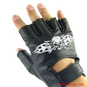 SKULL BONE FLAMES 2 FINGERLESS LEATHER BIKER GLOVES 2XL