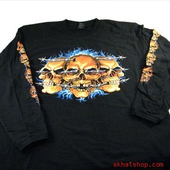 XX LARGE, BARBED WIRED SKULLS BLACK T-SHIRT LONG SLEEVE