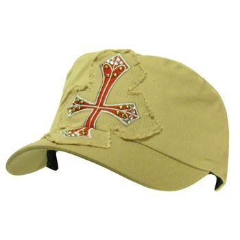 Cotton Frayed Cross Patch Military Cadet Hat Cap Khaki