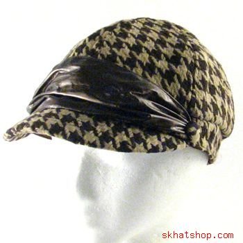 HOUNDSTOOTH CRINKLE NEWSBOY DRIVER CABBY CAP HAT BROWN