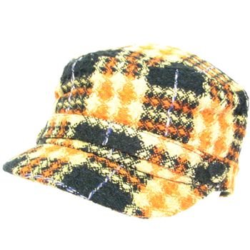 Wool Woven Plaid Cadet Military GI Cap Hat Multi Orange