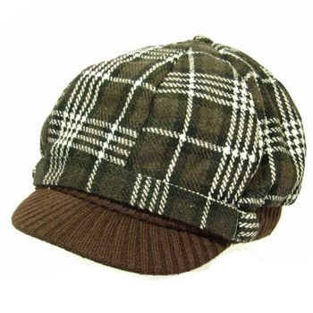 Wool Square Plaid Ribbed Knit Newsboy Cap Hat Brown
