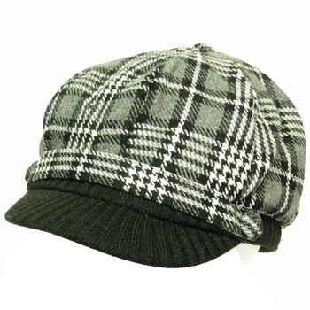 Wool Square Plaid Ribbed Knit Newsboy Cap Hat Black