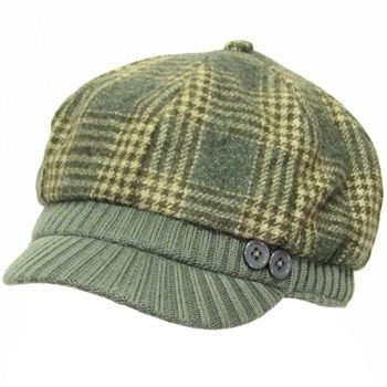 Wool Plaid Ribbed Knit Newsboy Cabbie Cap Hat Charcoal