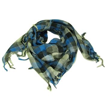 Square Plaid Fringe Check Light Scarf Blue Silver