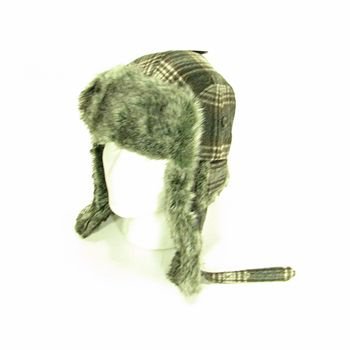 Faux Fur Wool Plaid Thick Trooper Ski Hat Black L/XL