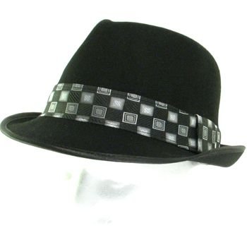 100% WOOL POLISHED FELT CHECK FEDORA TRILBY HAT BLACK M