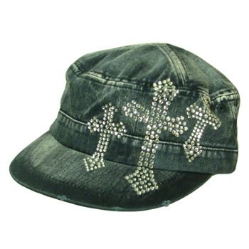 Triple Crystal Cross Frayed Cadet Hat Cap Denim Blue