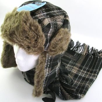 FAUX FUR PLAID TROOPER PILOT SKI HAT SCARF SET BLACK ML