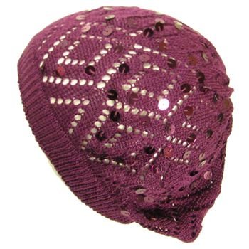 Knit Sequins Light Beret Tam Slouch Hat Dance Purple