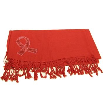 100% Pashmina Cancer Ribbon Crystal Wrap Shawl Red