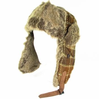 FAUX FUR PLAID TROOPER PILOT SKI HAT - BROWN BEIGE M/L