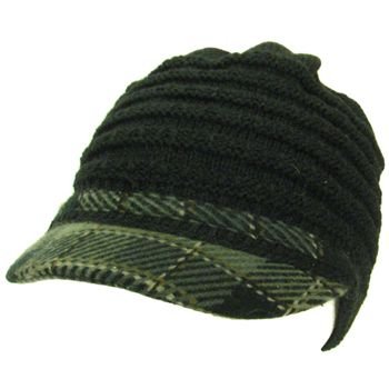 Soft plaid cable light knit beanie visor cap hat Brown