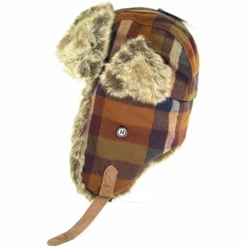 FAUX FUR PLAID TROOPER PILOT SKI HAT BLACK NAVY M/L