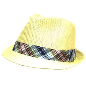 VENTED PLAID BAND SUMMER FEDORA TRILBY HAT NAURAL L/XL