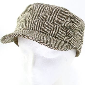 WOOL HERRINGBONE 3 BUTTON CADET CABBIE CAP HAT BROWN
