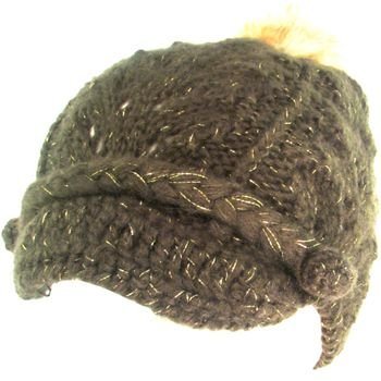 HAND KNIT BROOCH FUR POM POM SKI BEANIE LUREX HAT GRAY