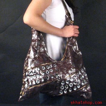 DISTRESSED LOOK BROWN SILVER CRYSTAL SHOULDER BAG PURSE