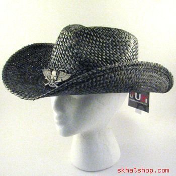 DISTRESSED STRUCTURED STRAW COWBOY METAL WING SKULL HAT
