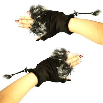 Winter Soft Fuzzy Furry Real Fur Trim Fingerless Half Cuff Off Gloves Black S/M