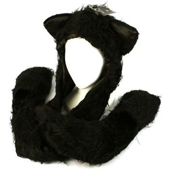 Winter Faux Fake Frizzy Animal Fur Scarf Trapper Ski Hat w Gloves Mittens Black