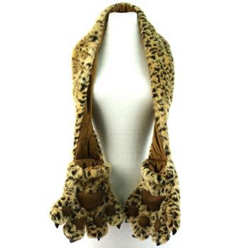 Winter Faux Fake Fuzzy Animal Fur Ski Scarf Neckwarmer Paw Gloves Mitten Cheetah