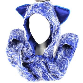 Winter Faux Fake Frizzy Animal Fur Scarf Trapper Ski Hat w Gloves Mittens Blue