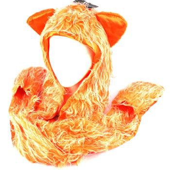 Winter Faux Fake Frizzy Animal Fur Scarf Trapper Ski Hat w Gloves Mittens Orange